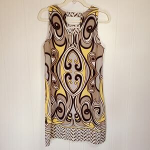 NELL 100% Silk Shift Dress Yellow Black Gray White Sleeveless Mod Chic 6 S